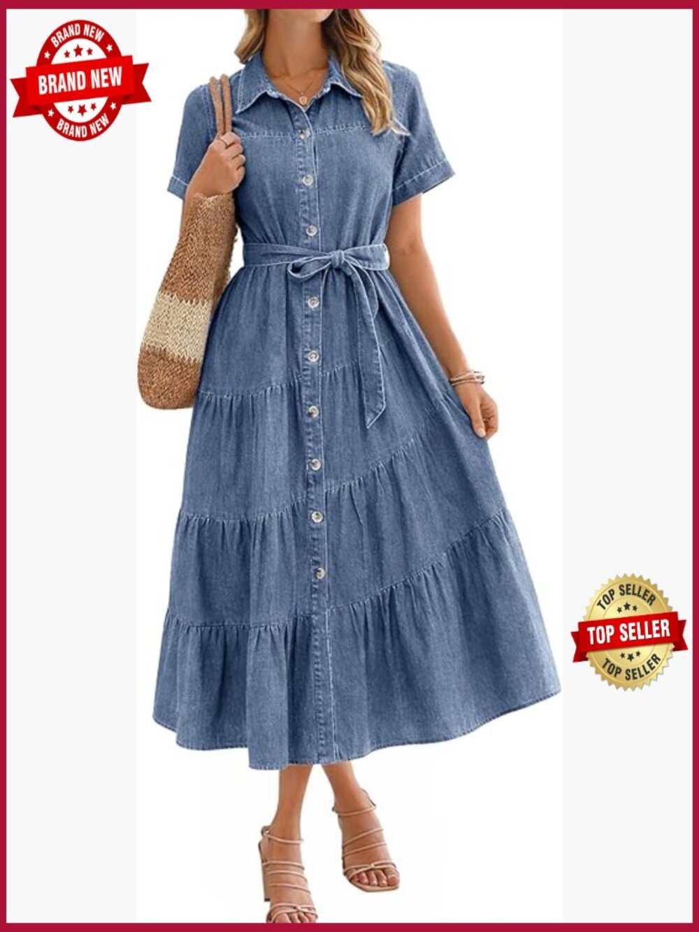 Casual Belted Denim Button Down Midi Dress with Pockets